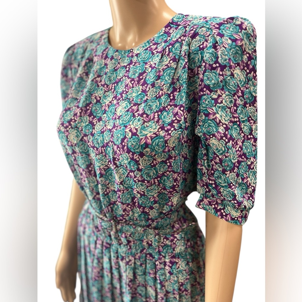 Cottagecore collegiate modesty accordion floral 80’s belted dress 7/8 - Picture 4 of 11